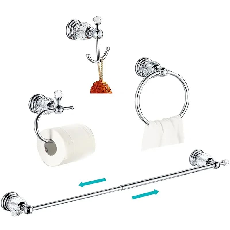 Set di accessori per il bagno cromati Set di accessori per il bagno con portasciugamani retrattile in ottone e cristallo a parete