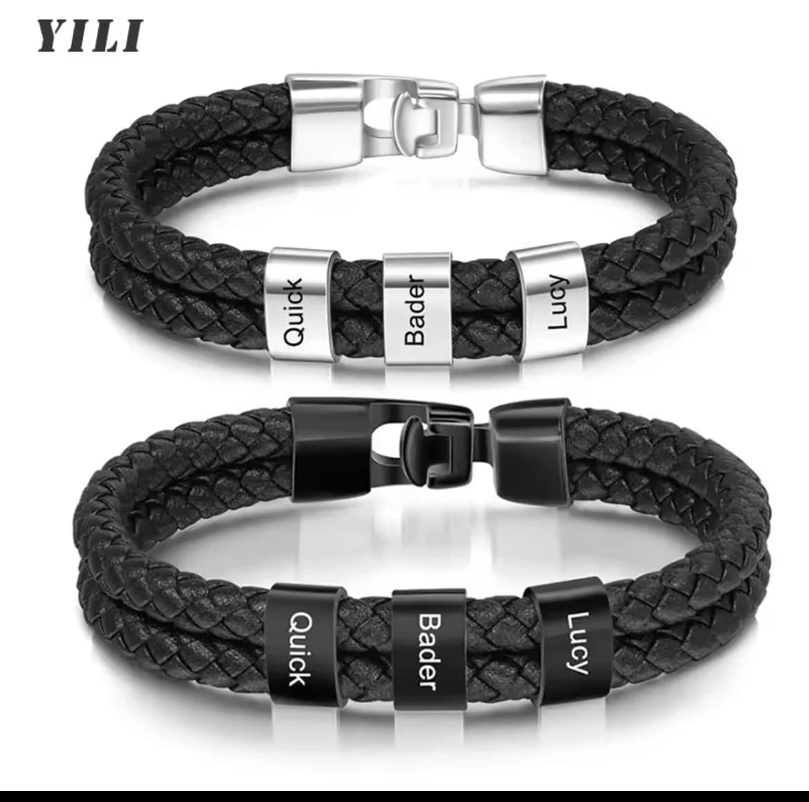 Bracciale in pelle da uomo personalizzato con braccialetti di perline per uomo Bracciale con nome personalizzato inciso per famiglia con confezione regalo nera