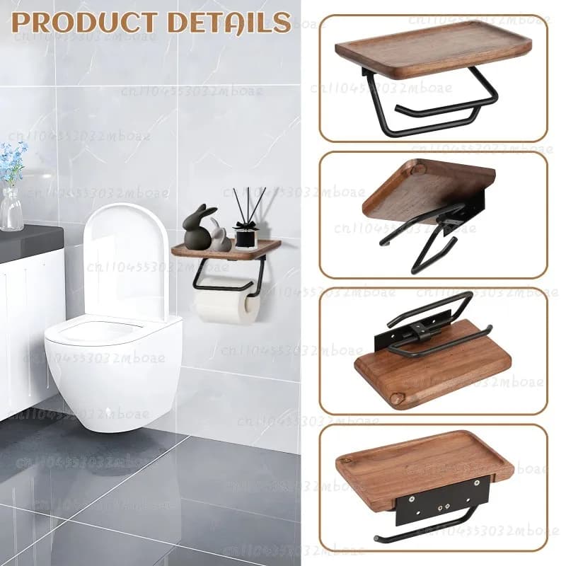 Wooden Toilet Roll Holder, Self-Adhesive No-Drill Wall Mount, Easy Install Paper Storage for Home