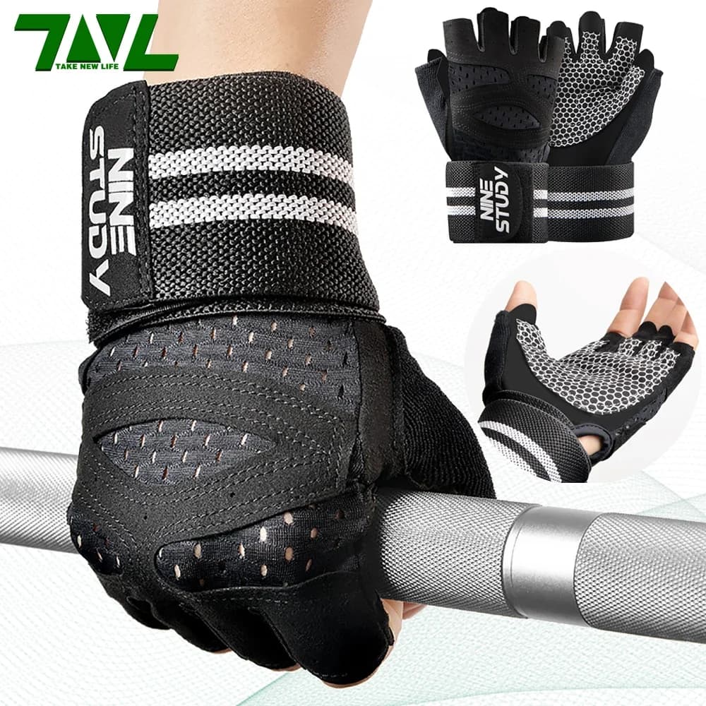 1 pair of fitness gym gloves with bracelets, straps, weight grip gloves, wrist brace protection, anti slip, weight lifting, breathable