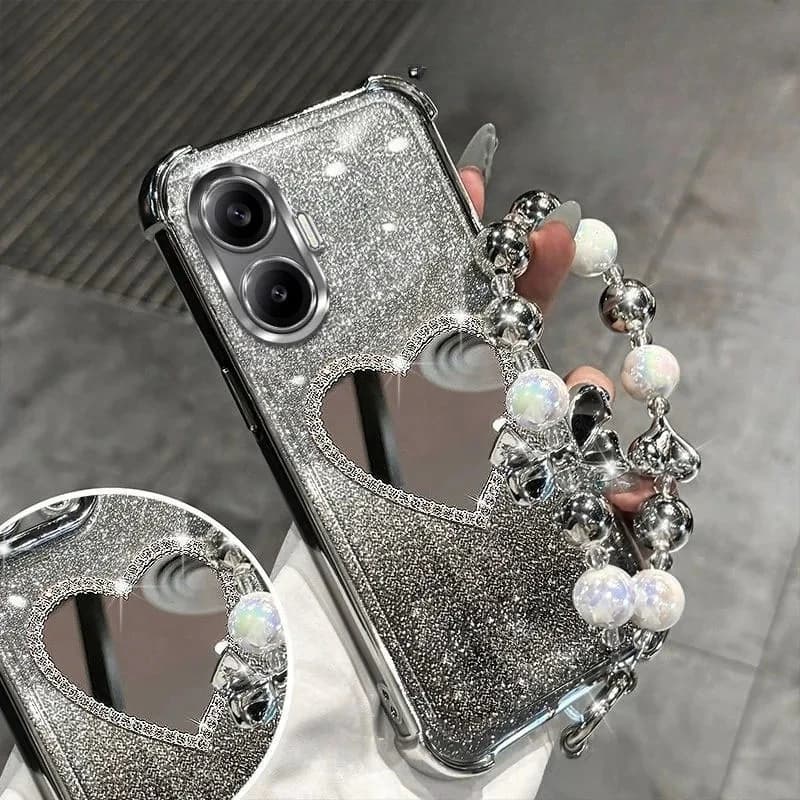 Custodia con braccialetto a specchio con fiore placcato antiurto glitter per Xiaomi POCO X7 X6 X5 X3 NFC Redmi Turbo 4 3 Pro A5 A3 Cover in silicone