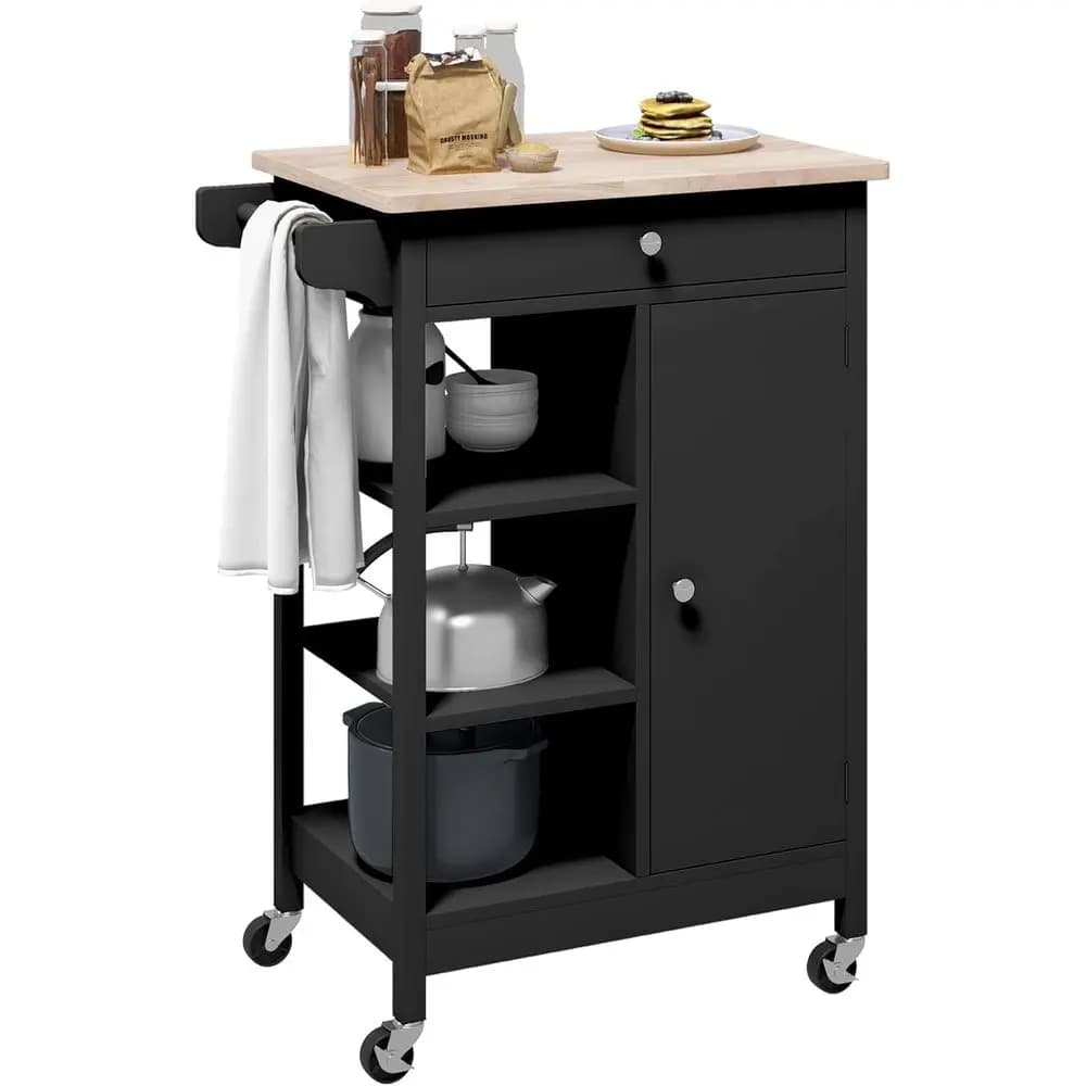 Carrello da cucina portatile con piano in legno, armadietto portaoggetti, 3 ripiani e portasciugamani in nero