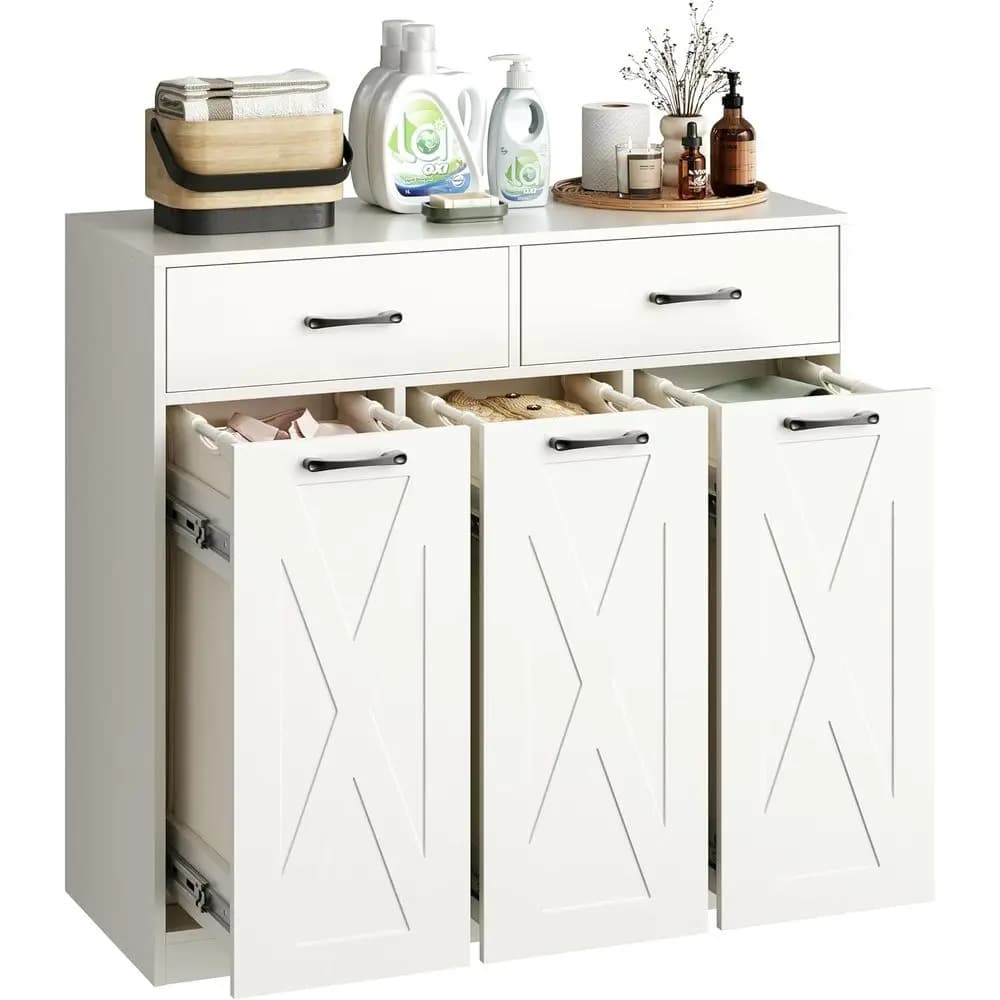 Laundry Hamper Cabinet, Laundry Basket 3 Section with 2 Storage Ders, Laundry Sorter with Pull-Out Removable Large Bags, 3 x 15.