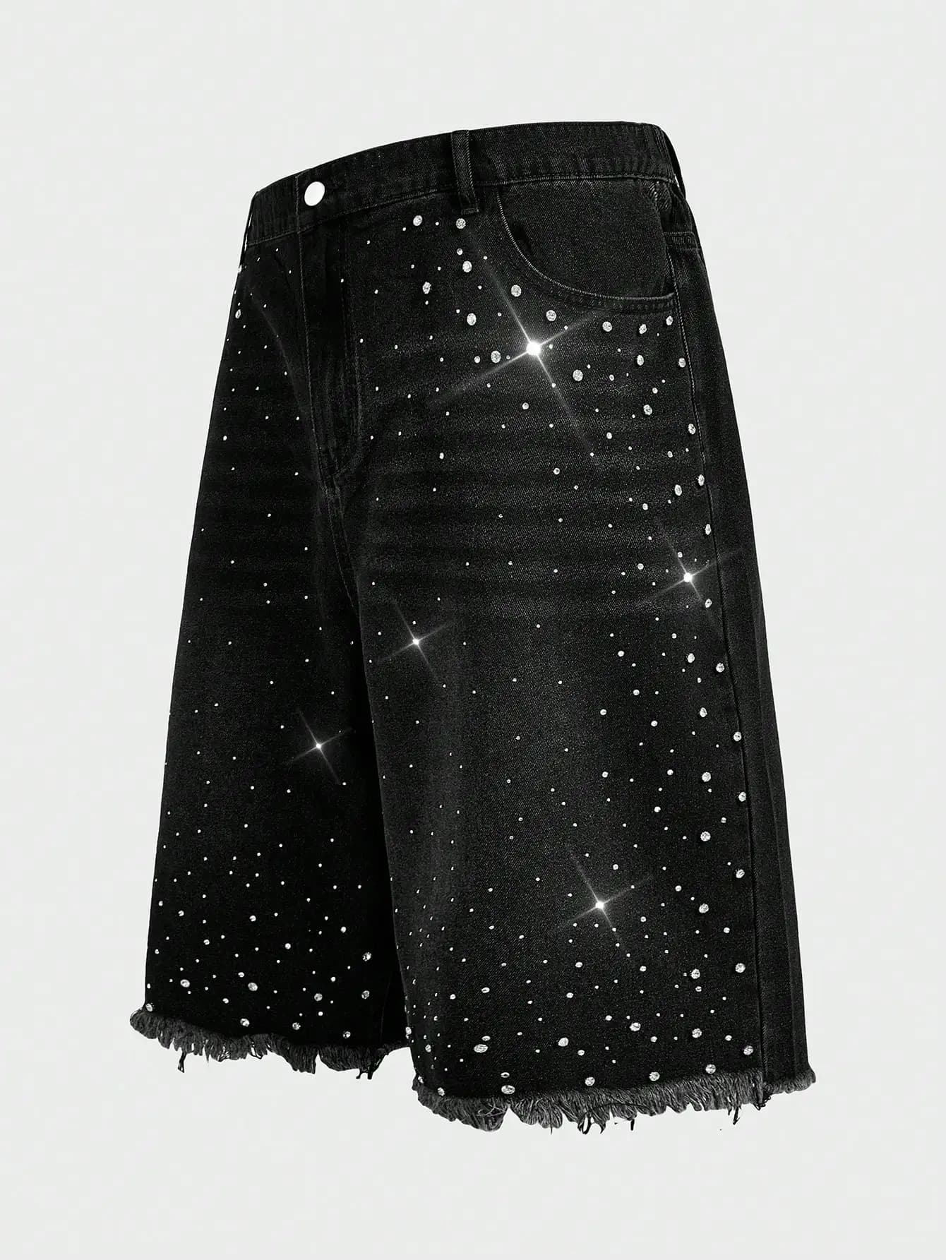 EASEVO Plus Size Men's Black Rhinestone Decor Casual Shorts, Vacation, Father's Day Gifts