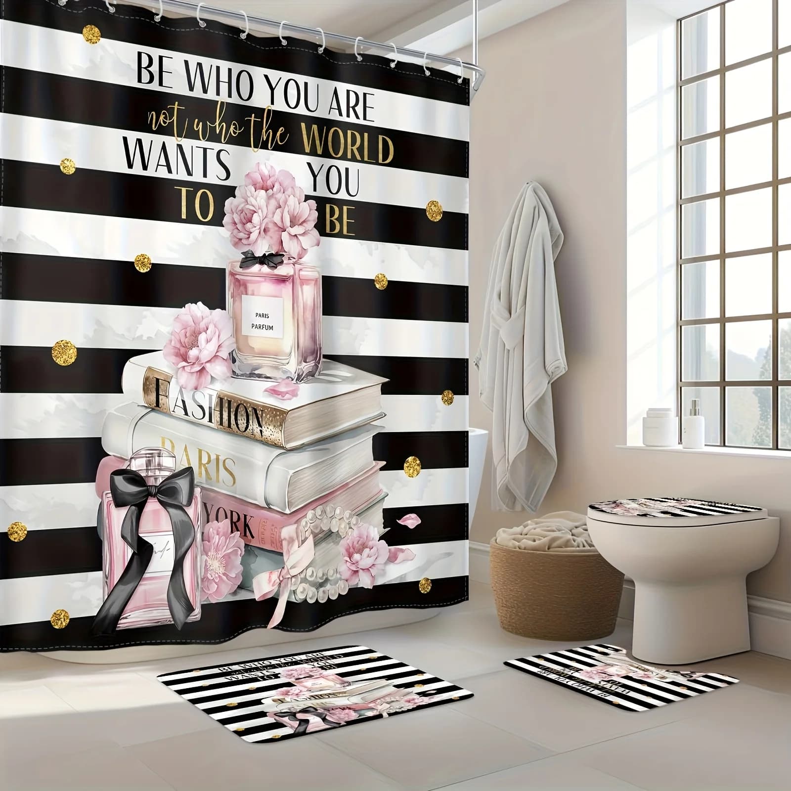 1 pezzo/4 pezzi - Set di tende da doccia piatte 2D alla moda per donna, set completo per il bagno, decorazioni e accessori per il bagno, moderno bianco e nero