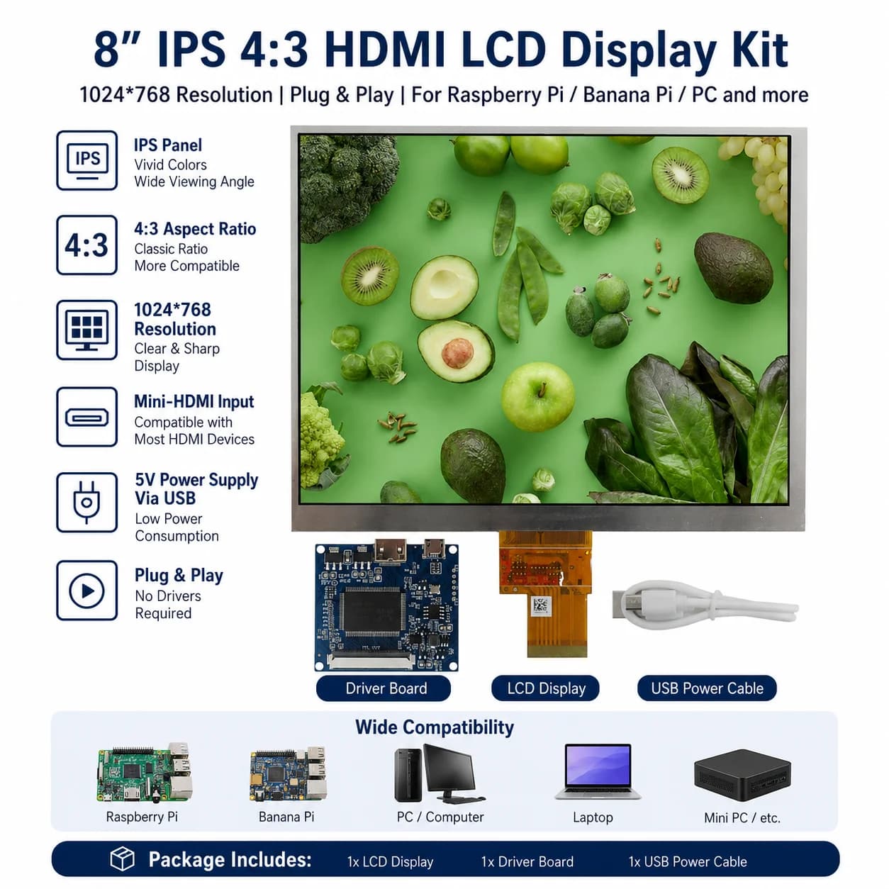 8 Inch IPS LCD Display and HDMI Compatible Mini Driver Control Board for DIY Lattepanda, Raspberry Pi PC Monitor