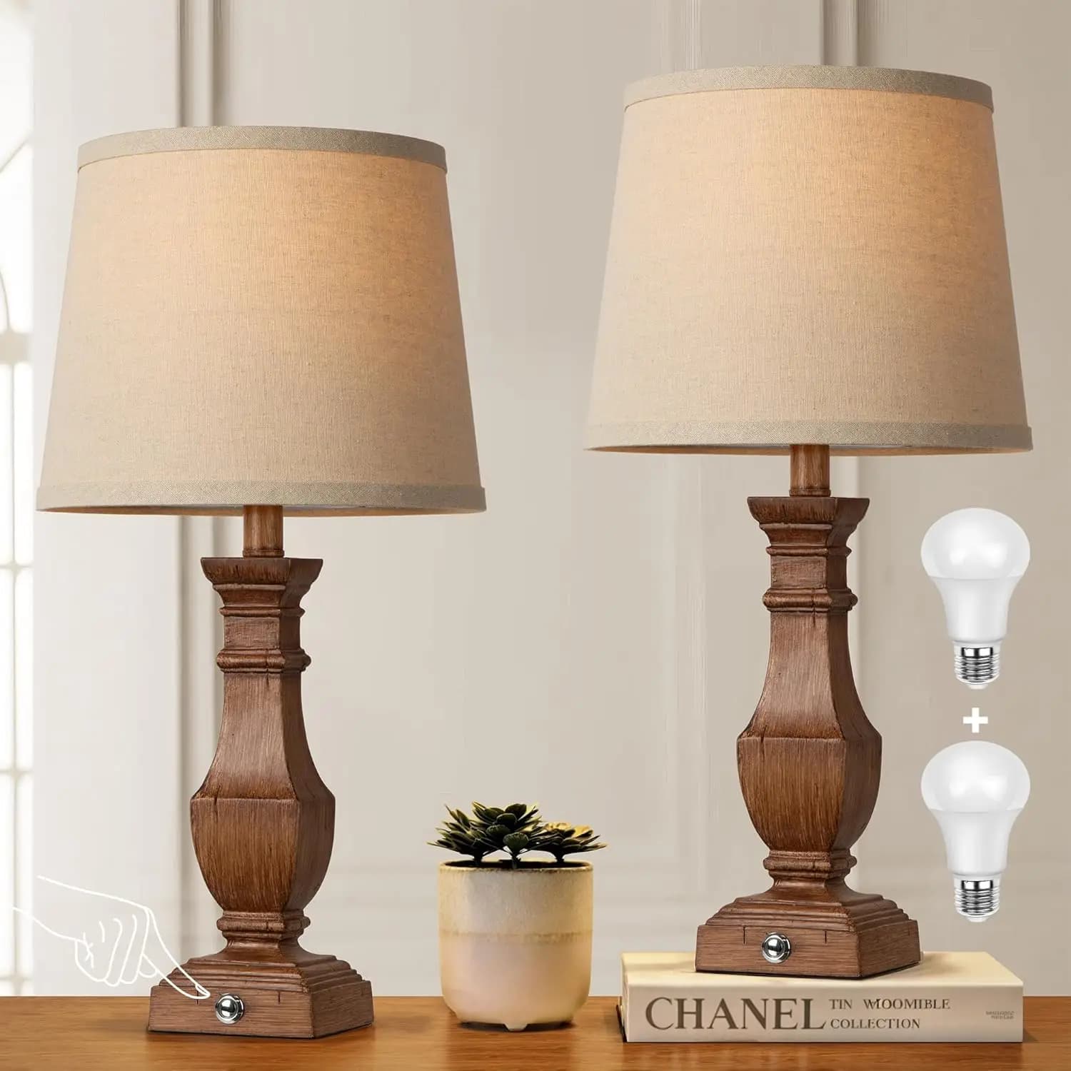 Set di 2 Lampade da Tavolo Dimmerabili, Controllo Touch a 3 Livelli, Design Rustico Stile Fattoria per Soggiorno e Camera da Letto, Lampadine LED da 9W Incluse, 22 Pollici Marrone