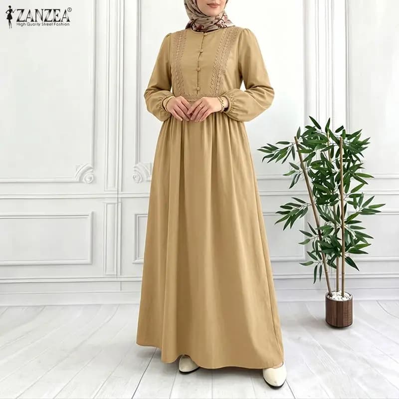 ZANZEA Muslim Women Lace Patchwork Maxi Dress Modet Fashion O-Neck Long Sleeve Loose Abaya Robes Islamic Hijabis Ramadan Kaftan