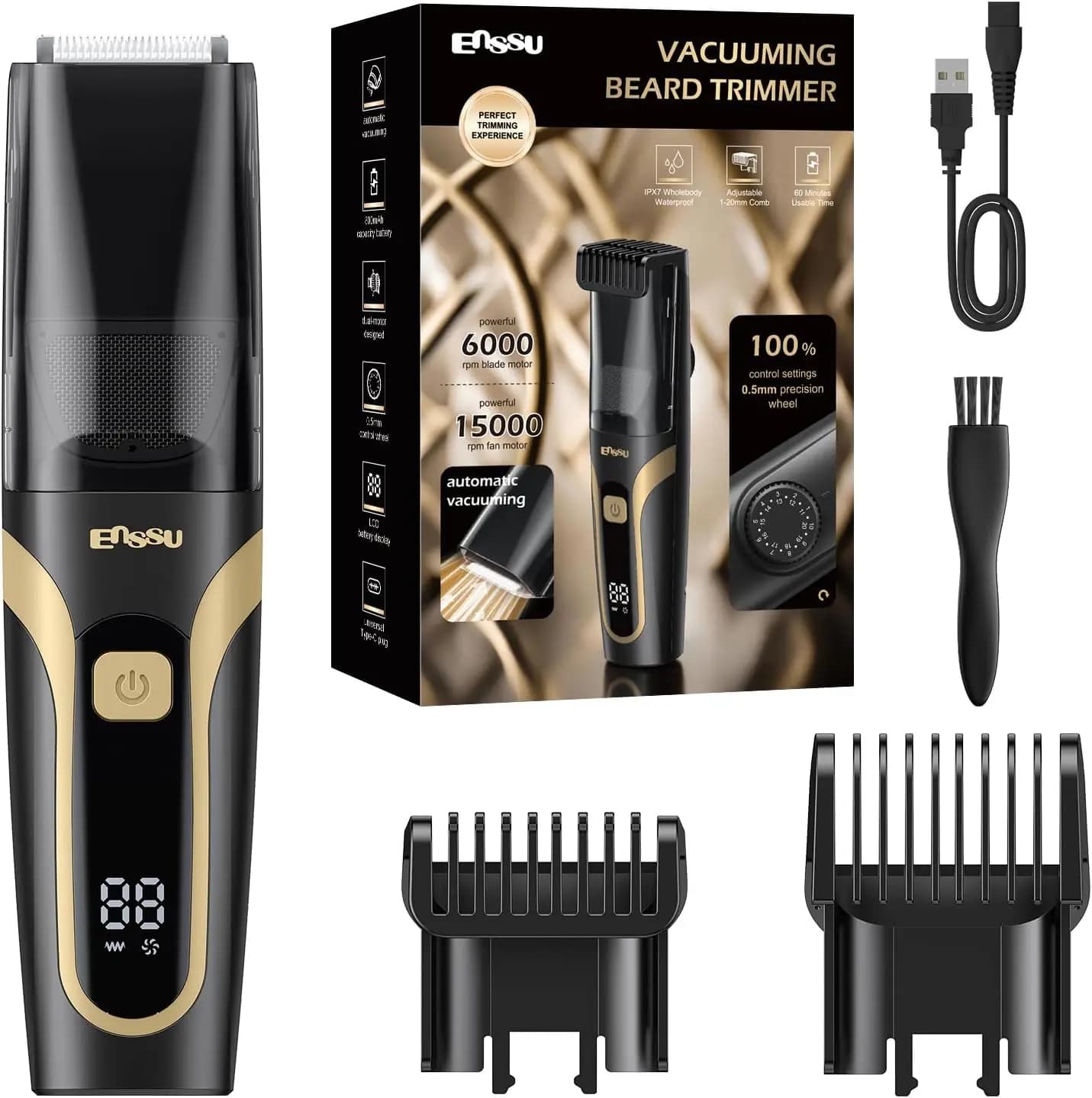 Regolabarba da uomo Vacuum, impermeabile IPX7, ricarica USB-C, display LCD, lame regolabili