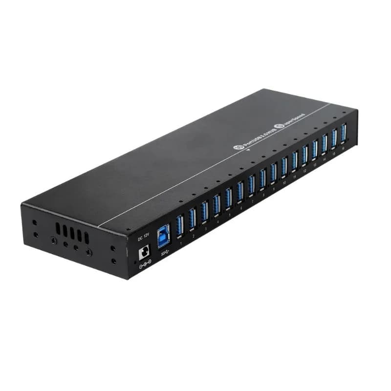 Nuovo hub USB 3.0 a 16 porte in metallo, unico nel suo genere, per sincronizzazione dati e ricarica con alimentazione 12V 10A.
