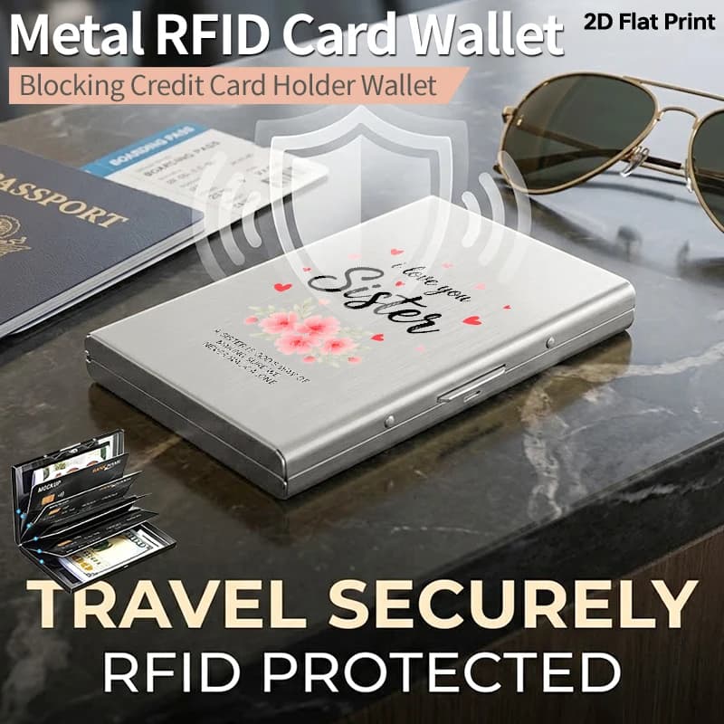 Portacarte di Credito in Metallo con Blocco RFID, Sottile, con Motivo Floreale a Cuore e Citazione 'Sister', Portafoglio in Alluminio Antifurto, Porta Carte a Scorrimento Laterale, Ultimo Modello