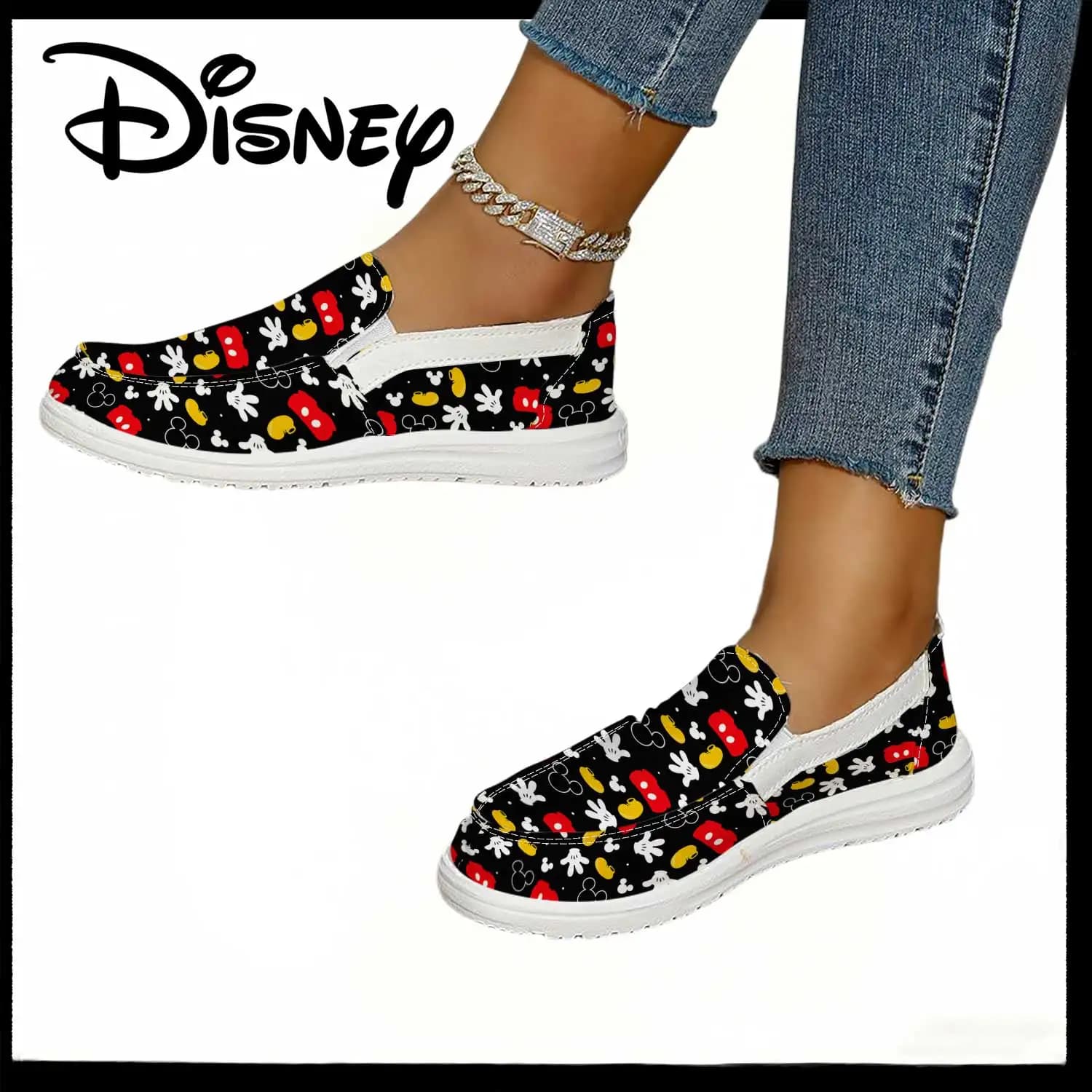 Sneakers Slip-On Nere con Stampa Icona Disney Topolino – Scarpe Casual Comode per Donna