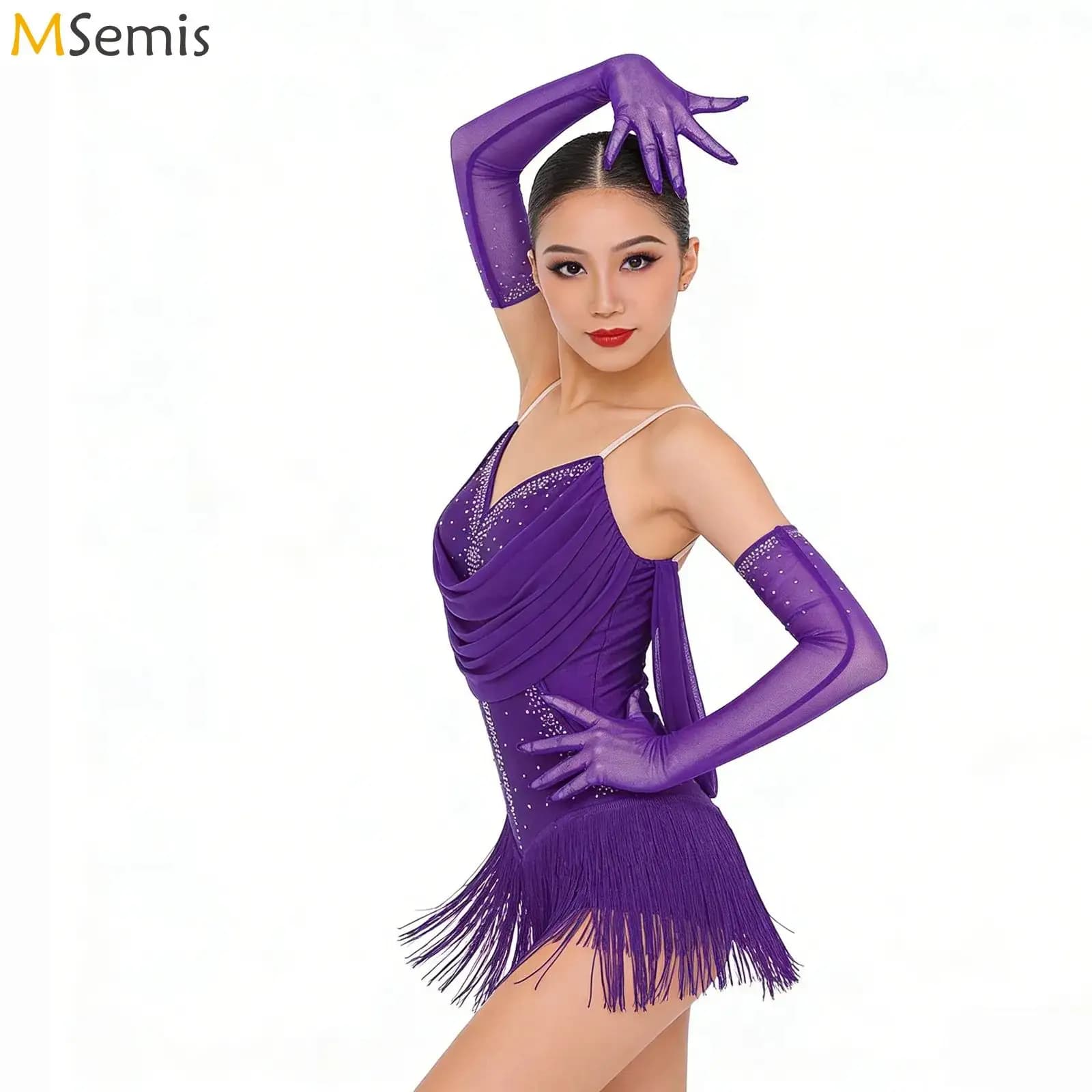 Abito da ballo latino con spalle scoperte per donna, con frange e strass, costume da ginnastica e pattinaggio artistico, body con guanti