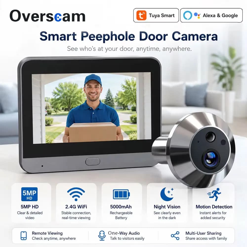 5MP Tuya Smart WiFi Peephole Door Camera 5000mAh Rechargeable Battery Motion Detection Smart Life Alexa Google Home Security