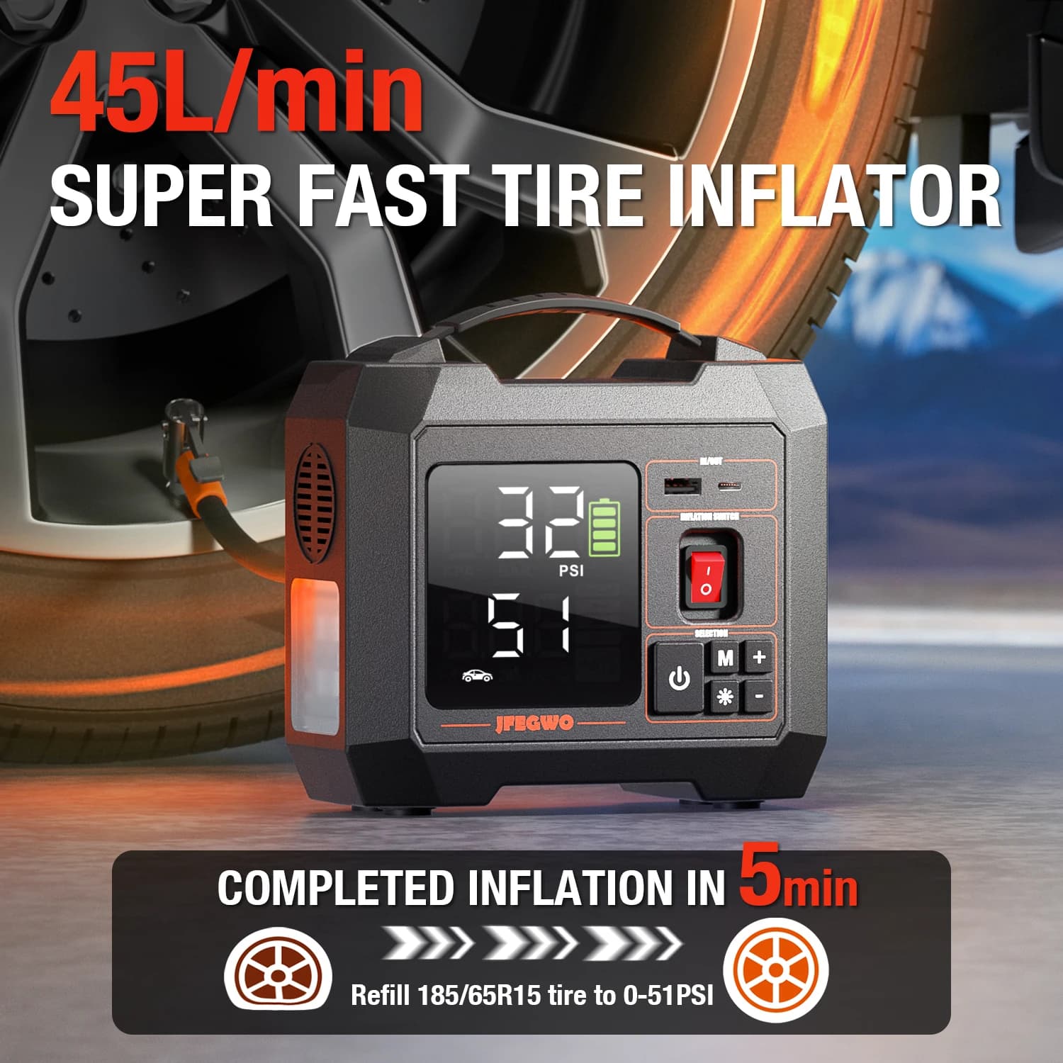 Potente compressore d'aria per auto con batteria 24000mAh Gonfiatore elettrico per pneumatici per pompa d'aria per auto Pompa gonfiabile per pneumatici
