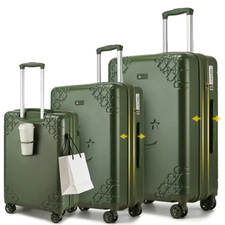 3 Pcs Luggage Set for Travel, Polycarbonate Hardside, Navy Blue with Moon Star Design, Expandable 25 Capacity Shock-Absorbing B