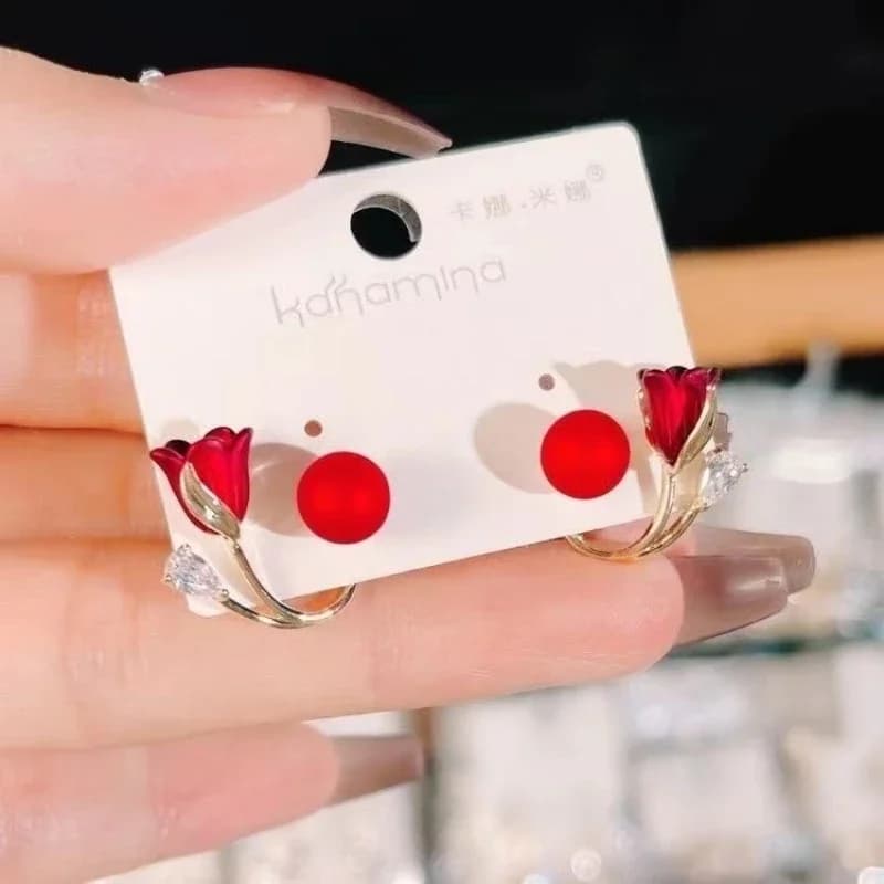 Orecchini a bottone con perla d'imitazione di cristallo nero rosso tulipano con retro curvo, orecchini a bottone due in uno, gioielli Brincos, regalo di compleanno per ragazza