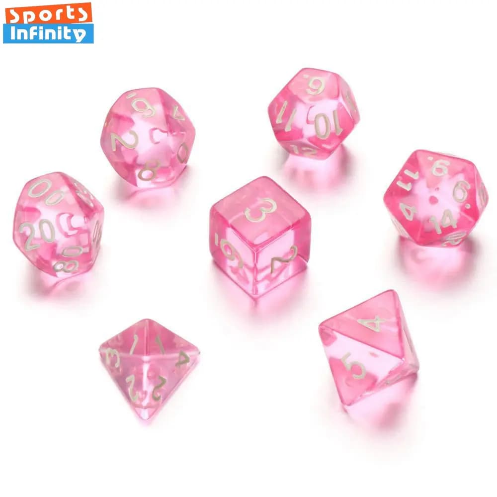 7 pezzi Set numeri di dadi rosa trasparente D4 D6 D8 D10 D percentuale D12 D20 dadi poliedrici Kit per DND COC TRPG giochi da tavolo RPG Party