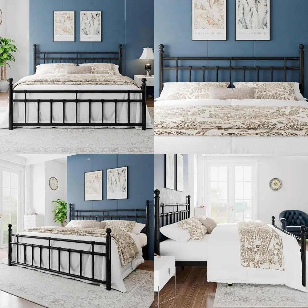 King king size bed with metal platform, wrought iron high headboard, footboard, mattress base or container under the bed, durable steel