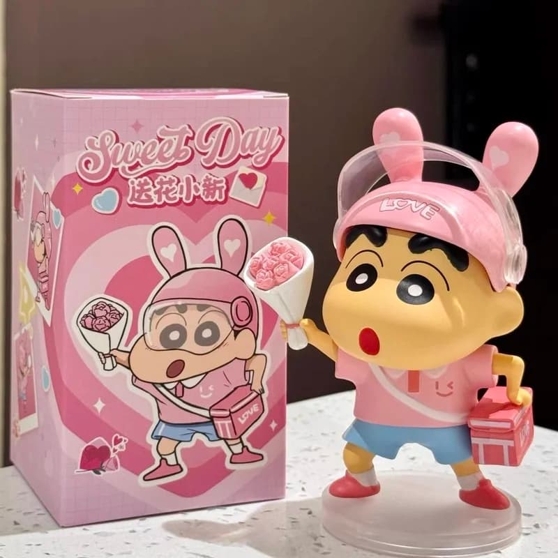 Figura Shin-Chan con pastello floreale carino, statuette d'azione anime da collezione, decorazioni per il desktop di casa, regalo di compleanno per la fidanzata