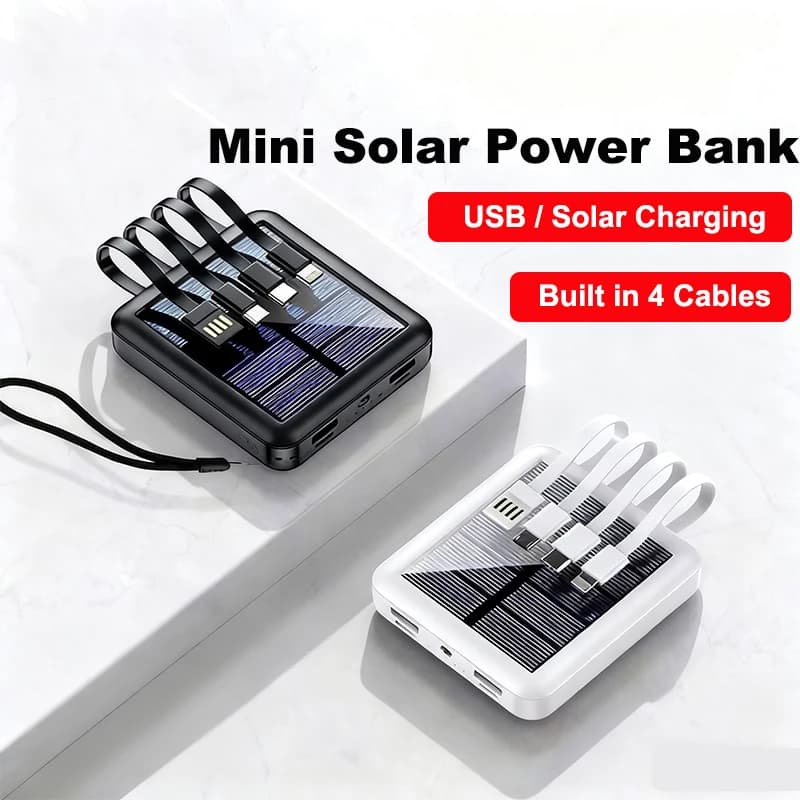 Mini banca di energia solare da 20000 mAh con cavi Caricatore portatile leggero Batteria esterna per iPhone 16 Samsung Huawei Xiaomi Powerbank