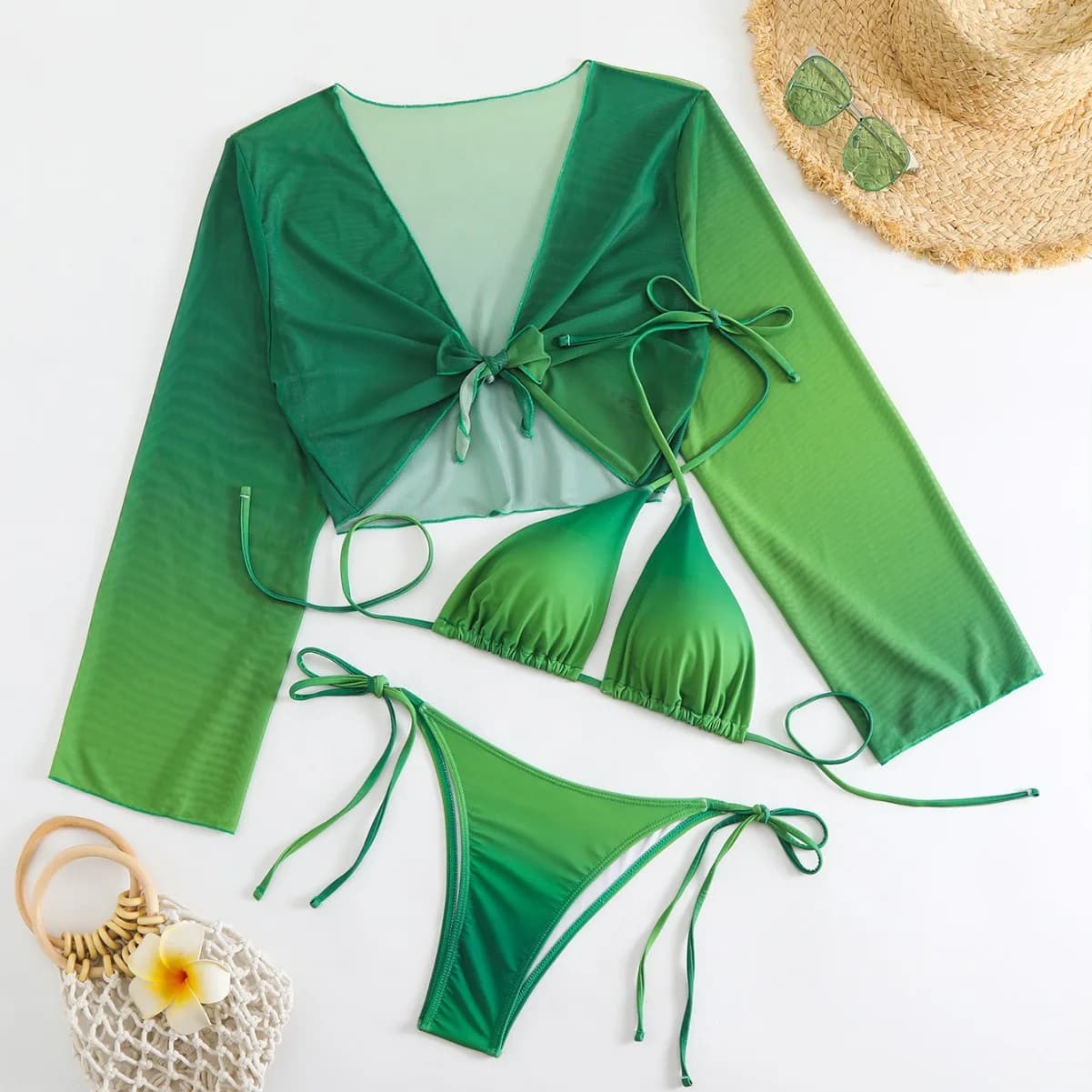 3 bikini headband for girls with long sleeve cover Children's swimsuit 7-12 years Children's swimsuit 2024 Teenage swimsuit Green
