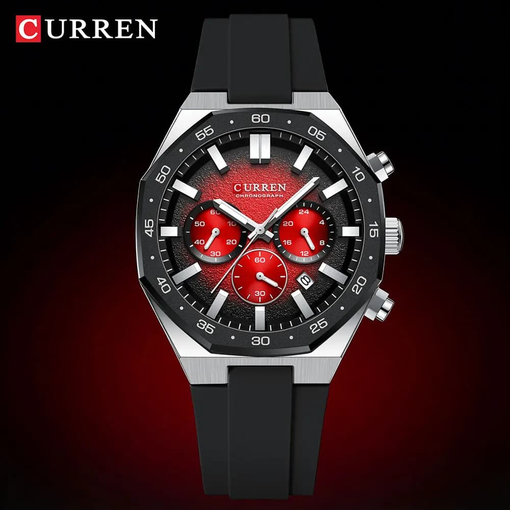 CURREN Fashionable Men's Sports Watch, Chronograph with Silicone Strap, Automatic Date, Quartz Dial, Male's Wrist Watch