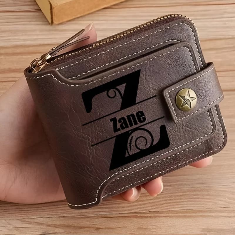 Personalized PU Leather Chain Short Wallet For Man, Engraved Name&Text Bifold Stylish Brown Wallet For Man Valentines Birthday