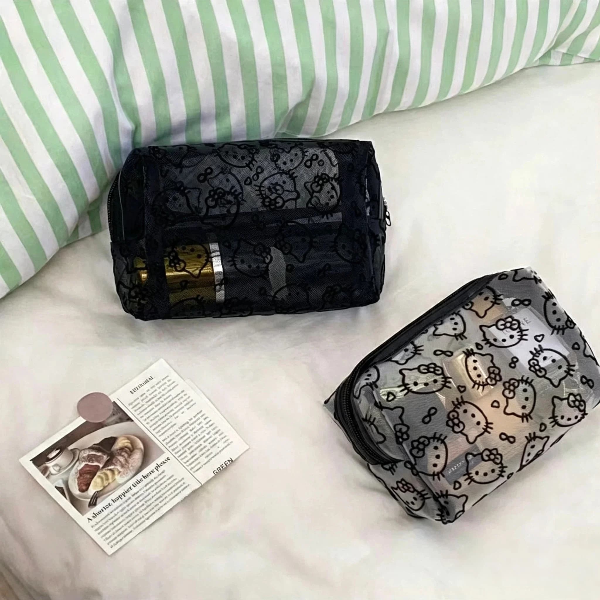 Breathable Cute Cat Mesh Printed Storage Pouch Fashion Transparent Cosmetic Organizer Outdoor Carry Bag Birthday Surprise Gifts