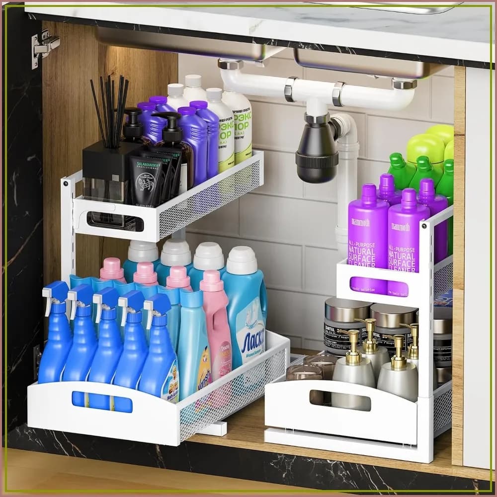 Under Sink Organizer, Pull Out Cabinet Shelf with Smooth Glide Drawer, 5-Level Adjustable, Heavy Duty Storage Rack for Bathroom Kitchen Pantry, 2-Pack