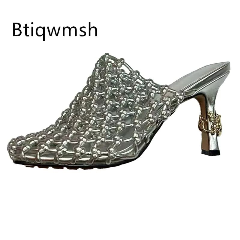 Women's Silver Leather Cable Sandals Square Toe Muller Shorts With High Heel Women's Sexy Party Shoes