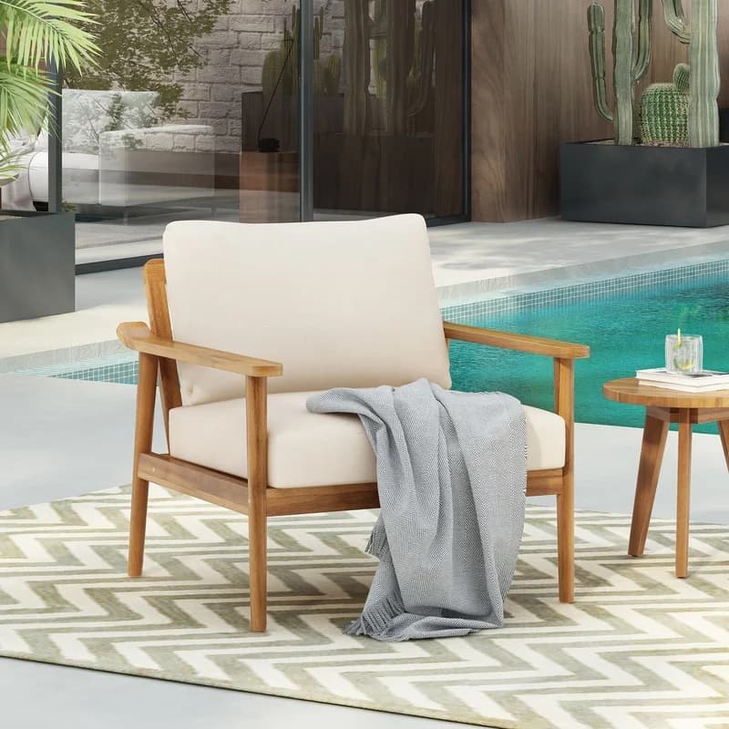Poltrona lounge da esterno moderna in stile Mid-Century da 30,5 pollici con cuscini – Elegante struttura in legno resistente per patio, giardino, balcone