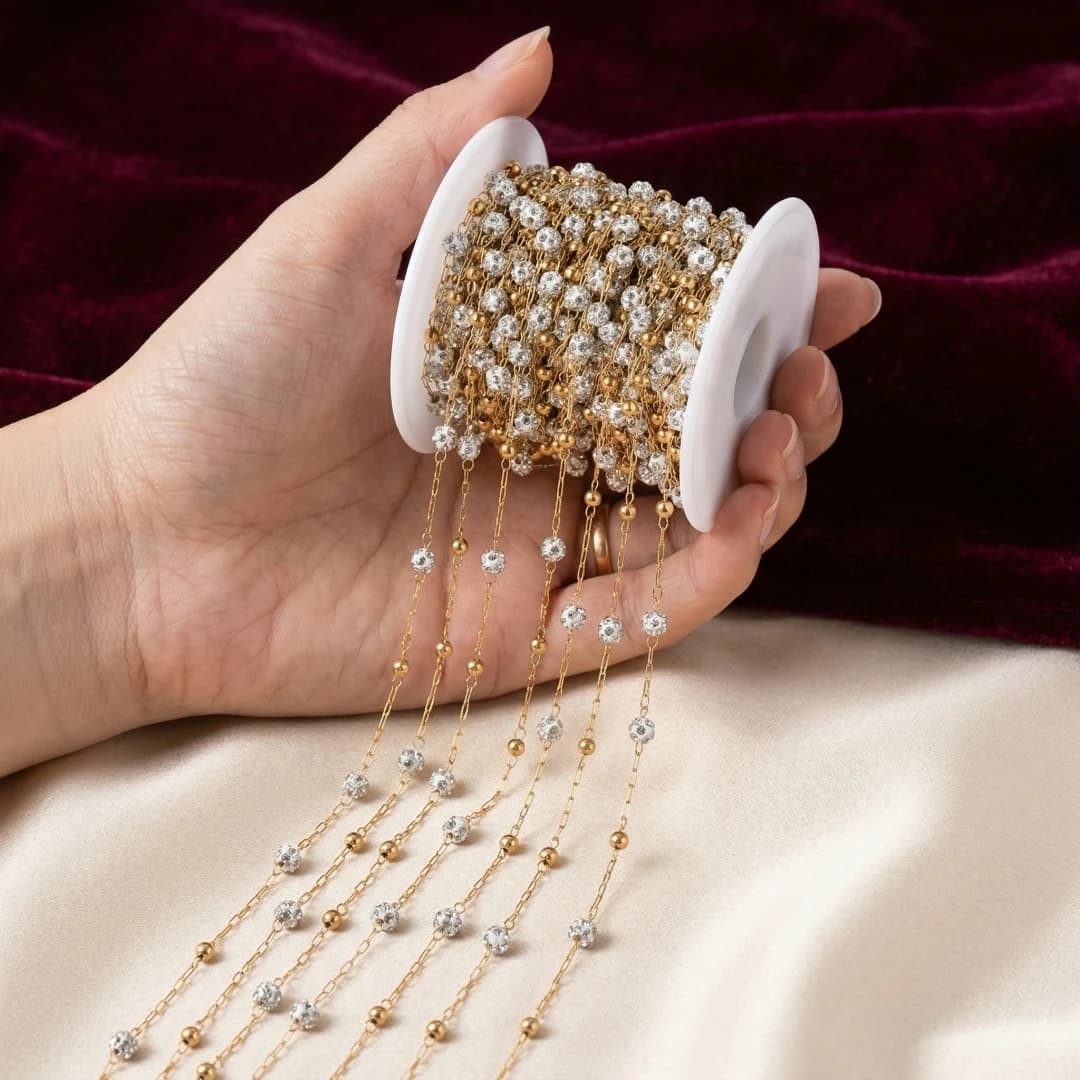 Catena in Acciaio Inossidabile Dorato con Perline di Argilla a Sfera Disco con Strass, 1 Metro, per Creazione Gioielli Fai da Te, Collane e Bracciali, Non Sbiadisce