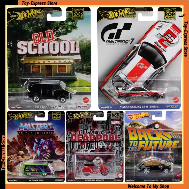 Hot Wheels Premium 2025 Cultura pop Hotwheels 2025 1/64 Modello di auto Giocattoli per bambini Deadpool Scooter Nissan Dodge Ford Boy Giocattoli per bambini