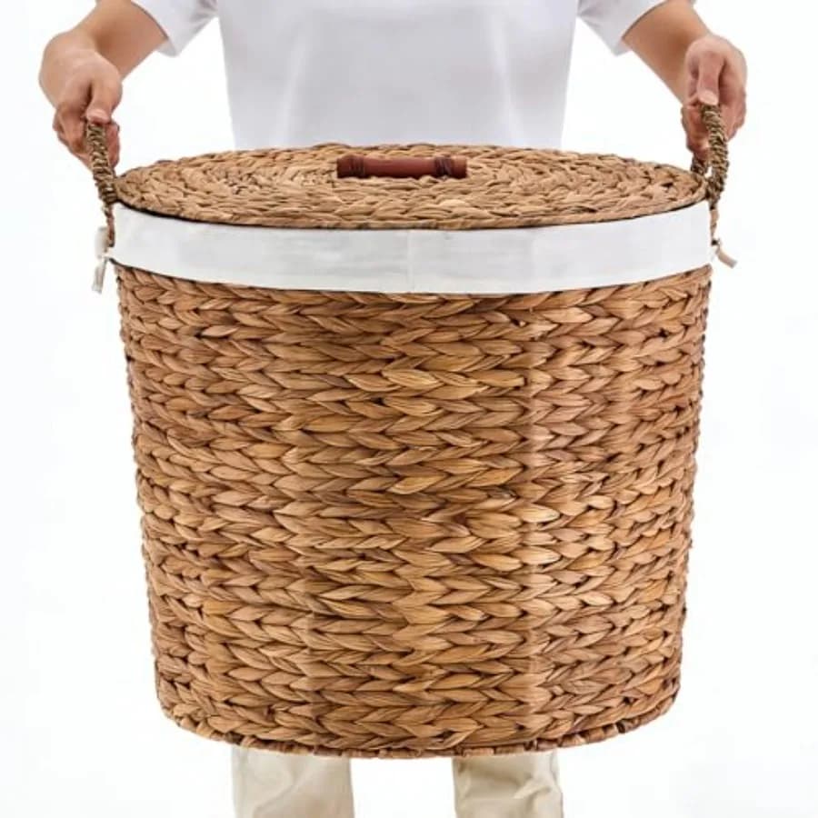 Cesto Portabiancheria Rotondo con Coperchio e Sacchetto Rimovibile, Cesto per Bucato in Giacinto d'Acqua Intrecciato a Mano per Lavanderia e Camera da Letto, L