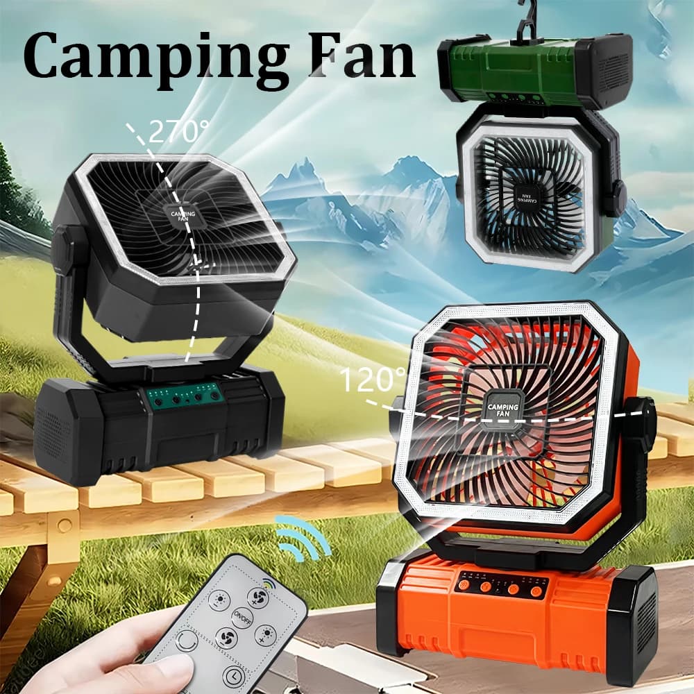 Ventilatore da Campeggio Portatile con Luce LED, Ricaricabile, Silenzioso, Batteria da 20000mAh, Gancio per Appendere, Ideale per Viaggi, Casa, Camera da Letto