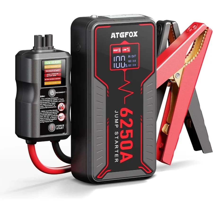 6250A Avviatore di emergenza portatile con morsetto intelligente ATGFOX 12V Batteria per auto Booster Pack per camion fino a 8,5 litri Gas/6,0 litri Scatola di salto diesel