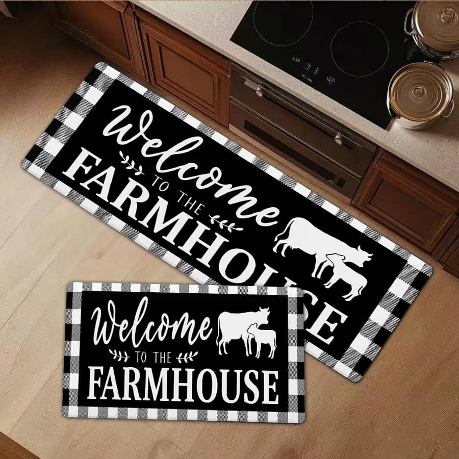 1/2/3Pcs Flannel Kitchen Mat—Welcome to the Farmhouse Doormat Black and White Buffalo Plaid Cow Pattern Indoor Rug Flannel Floor Mat Decorative Entryway Kitchen Carpet—Soft,Comfortable,Suitable For Bathroom,Bedroom,Kitchen,Laundry Room