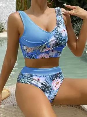 Blue sea patchwork bikini set with cross details