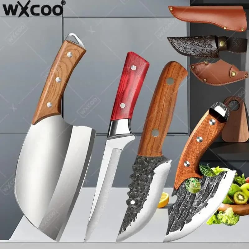 WXCOO Professional cook knife 1~4 pieces Kitchen knife Hand forged butcher knife Hand forged mannaia for sharp meat to bone to cook barbecue