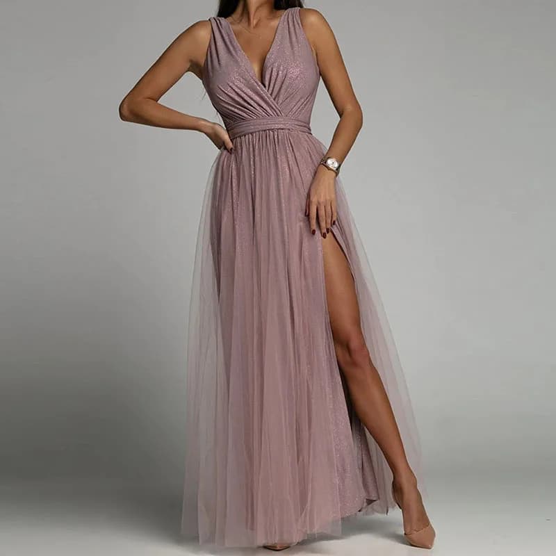 Nuovo abito da donna in maglia di pizzo solido abito da sera sexy senza maniche pieghe maxi abito da compleanno moda scollo a V tunica fasciatura abito da sera per feste