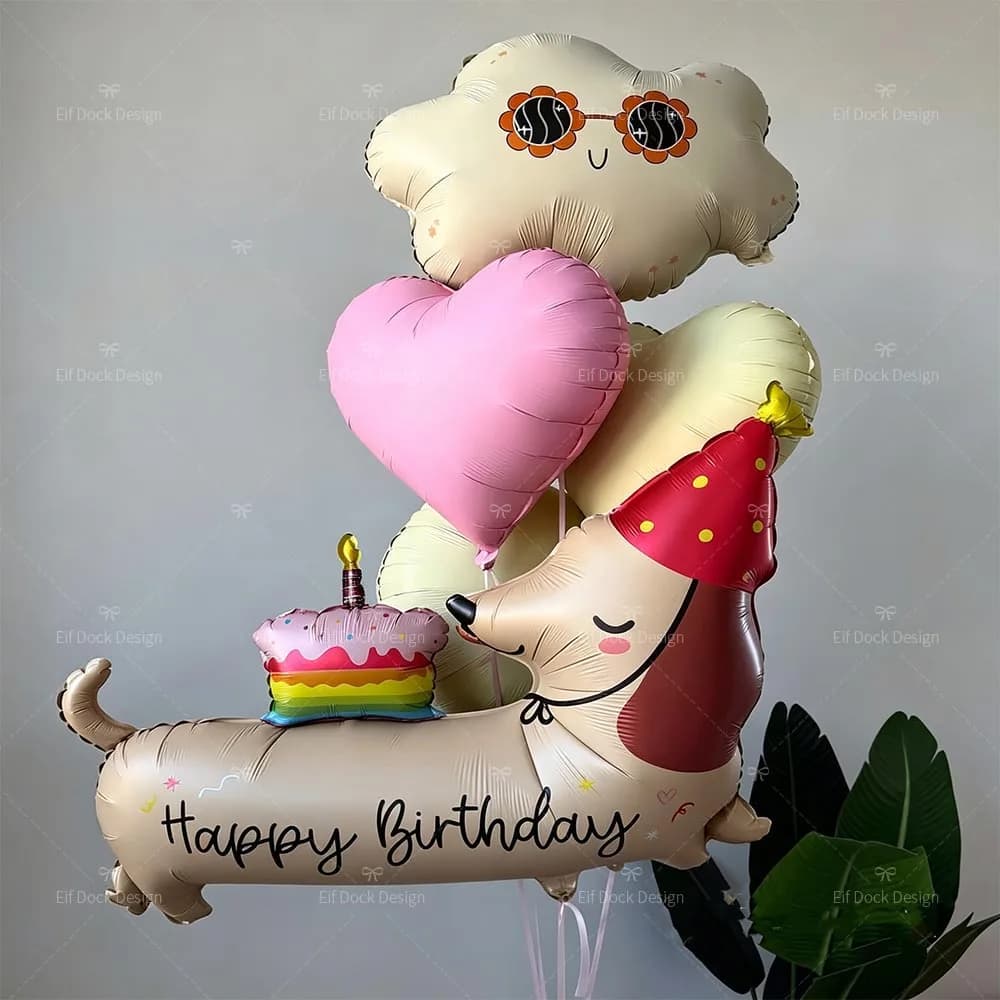 Palloncino in Foil a Forma di Cuore con Motivo Cane Salsiccia e Nuvole di Crema, Decorazione per Feste di Compleanno a Tema Cane