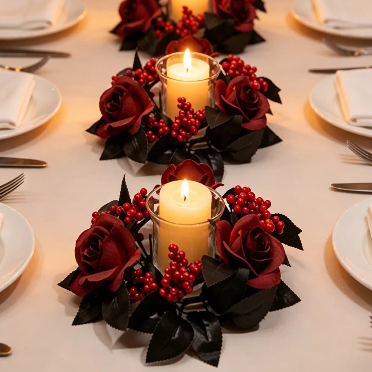 1Pcs Christmas Halloween Burgundy Rose Candle Wreath Artificial Tabletop Aroma Bottle Hanging Ornament Table Centerpiece