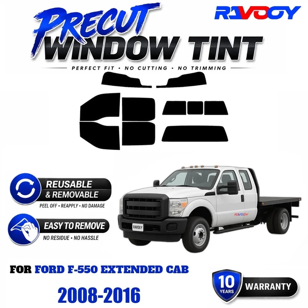 RAVOOY Precut Window Tint, Reusable Removable EPU Film, Custom Fit for Ford F-550 Extended Cab 2008-2016, UV Heat Protection