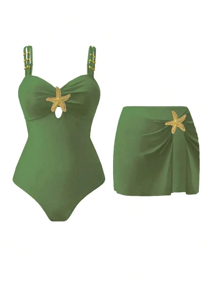 Costume intero Green Starfish Decor con gonna copricostume per donna