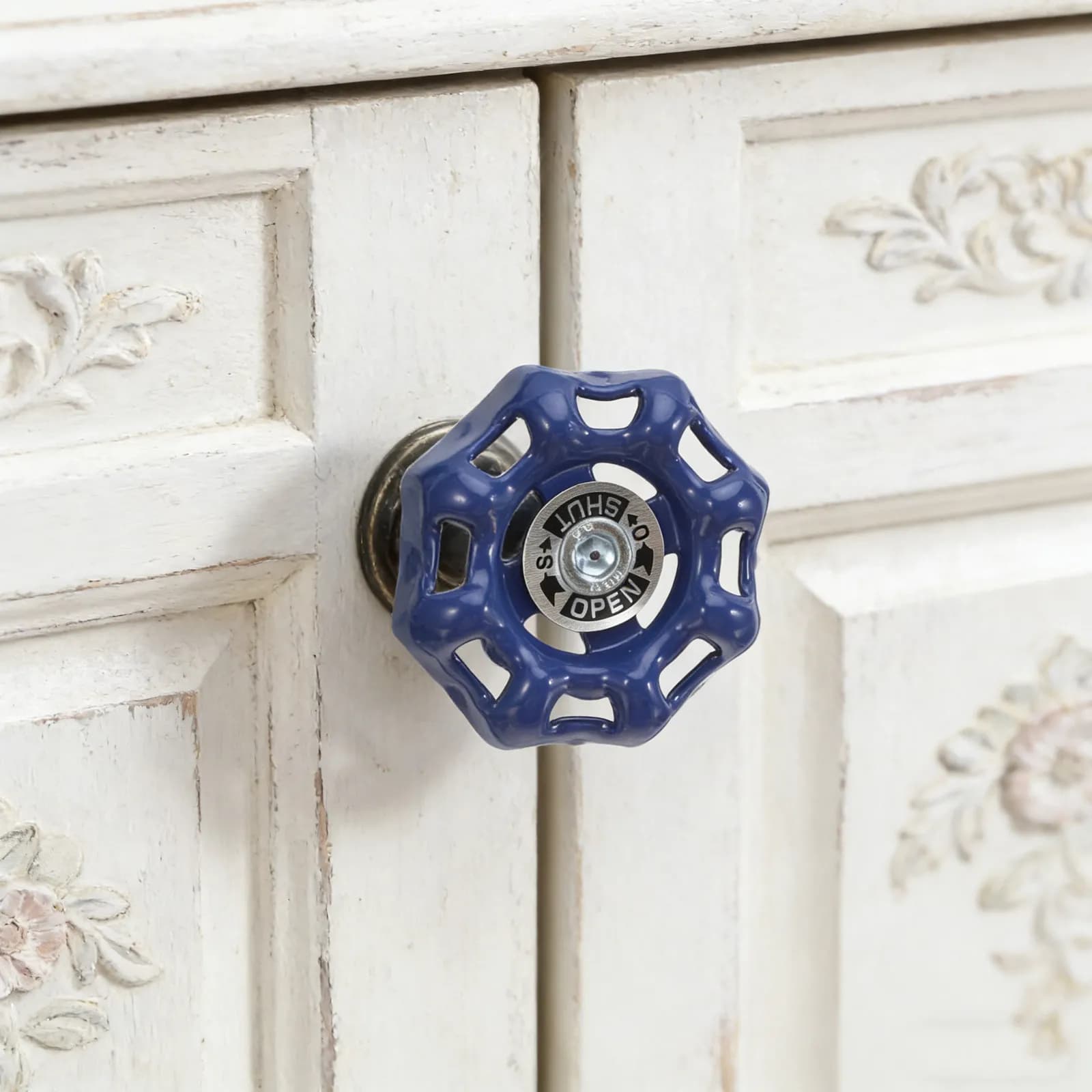 Maniglia per mobile vintage con design a valvola, in metallo blu, a forma di disco, stile industriale rustico, per cassetti e mobili da cucina
