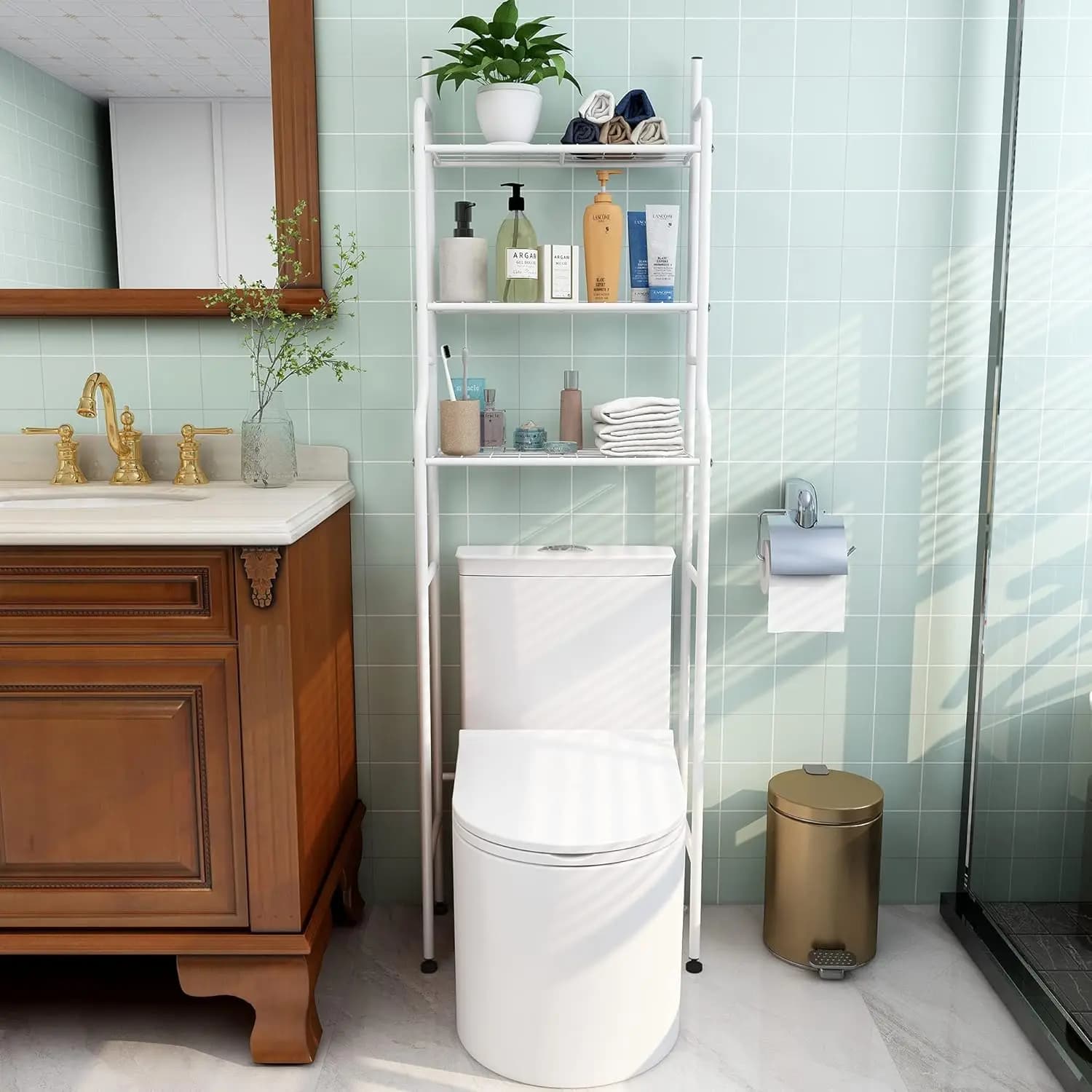 Organizer per WC a 3 ripiani, portaoggetti ad angolo per bagno salvaspazio per asciugamani, shampoo essenziali (bianco)