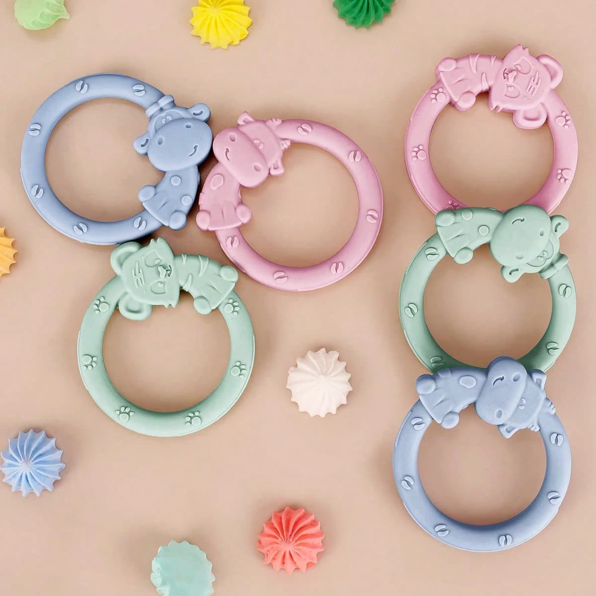 3 pezzi anello per massaggiagengive per bambini cartone animato tigre giraffa mucca dentizione in silicone cura dentale gengive mano anti-mangiare ​ Accessori per bastoncini molari