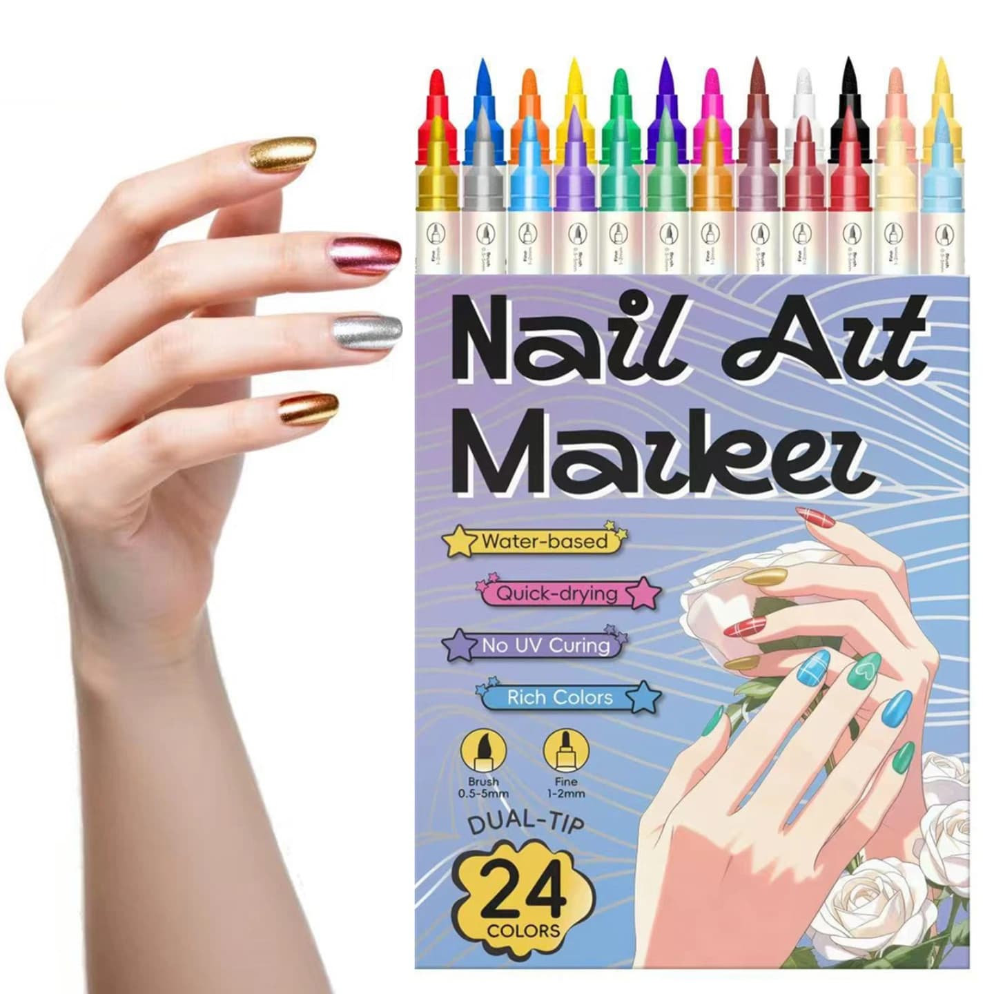 24 Color Double Headed Nail Art Graffiti Pen Acrylic Pen Set, Metallic Dopamine Color Nail Art Graffiti Pen, Pointillism Graffit