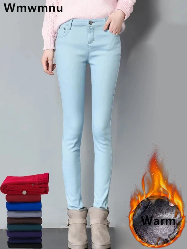 Jeans skinny foderati in velluto addensato color caramello Donna Inverno Vita media Leggings caldi Vaqueros Pantaloni a matita in denim elasticizzato oversize